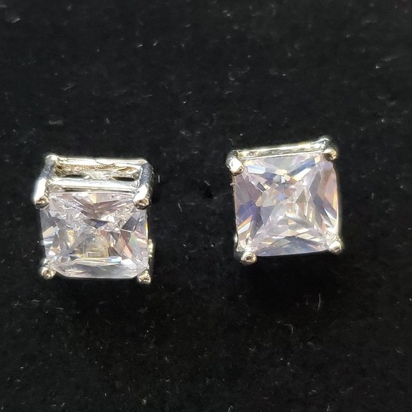 Isaac Mizrahi Princess cut diamond stud double prong silver earring - Picture 6 of 8